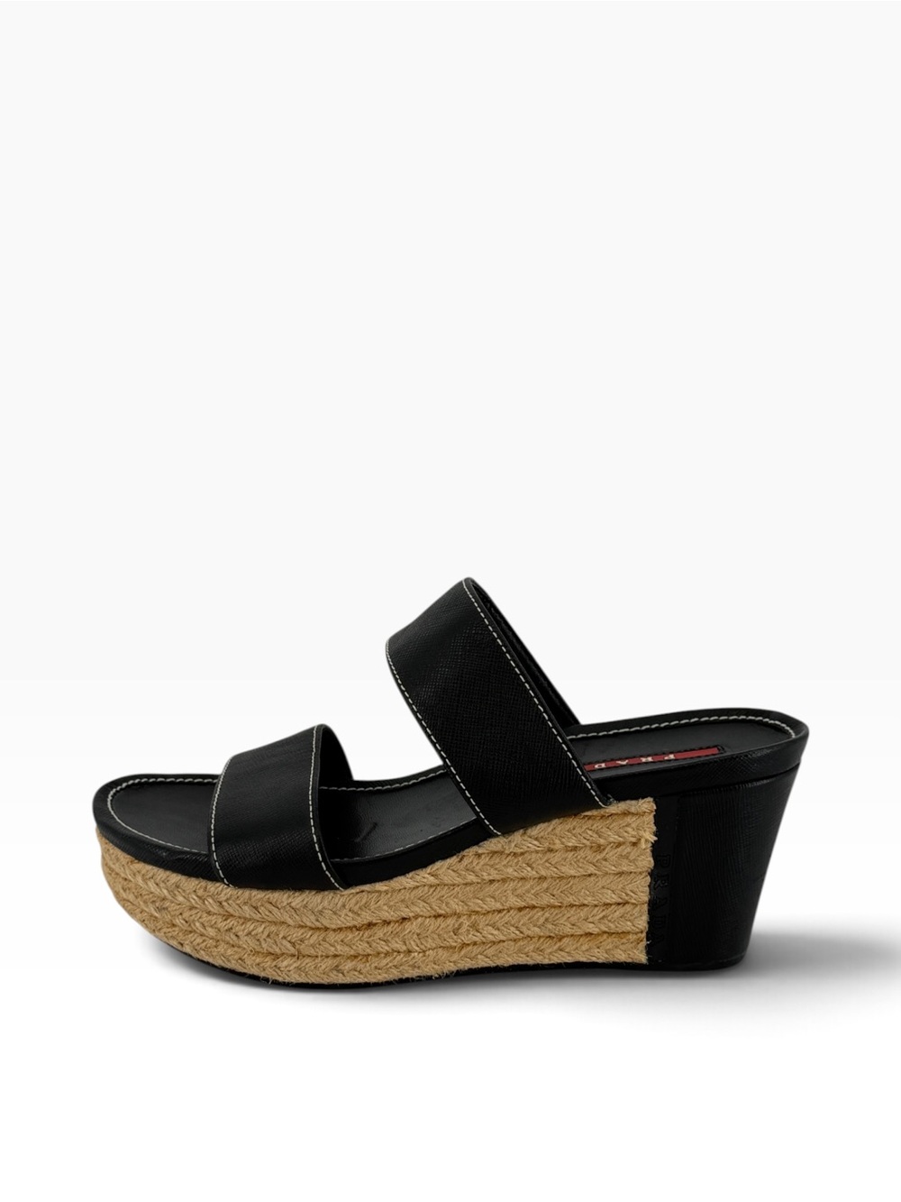 Prada Linea Rossa Black Double-Strap Espadrille Wedge Sandals